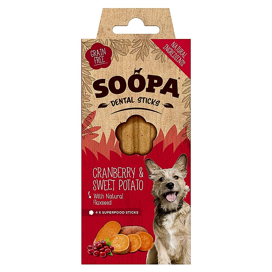 Soopa Dental Sticks Dog Treat Cranberry & Sweet Potato 4 Pack 100g