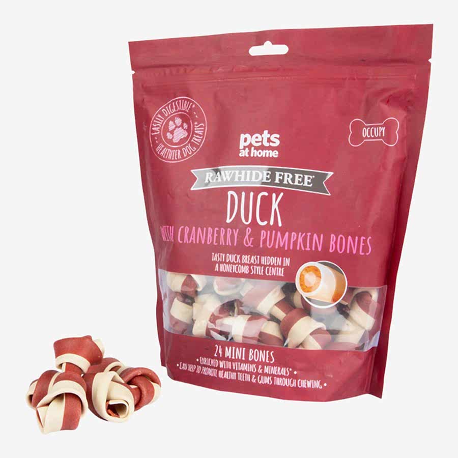 Pets at Home Rawhide Free Adult Dog Treats Duck with Cranberry & Pumpkin Mini Bone