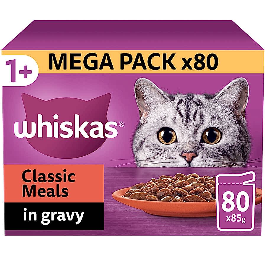 Whiskas Wet 1+ Adult Cat Food Classic Meals in Gravy 80x85g Pouches