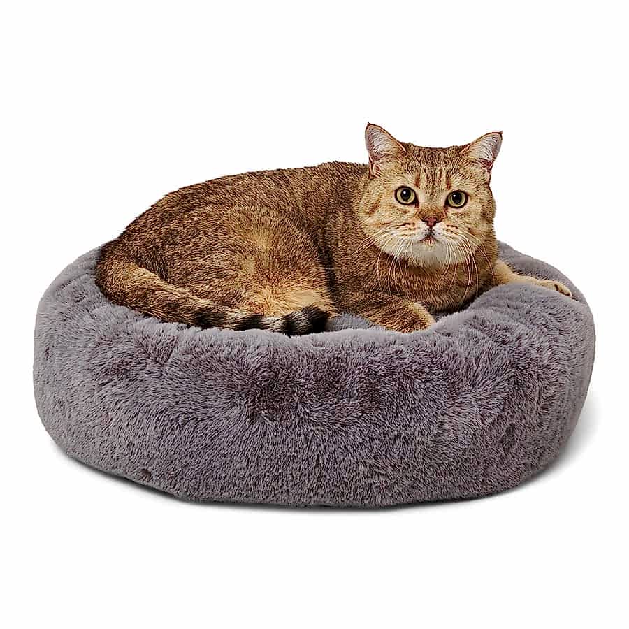 Noble Deep Pile Faux Fur Luxury Round Cat Bed Grey