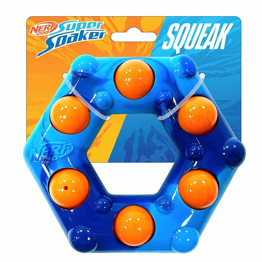 Nerf Super Soaker TPR Bubble Squeak Hex Ring Dog Toy 6"