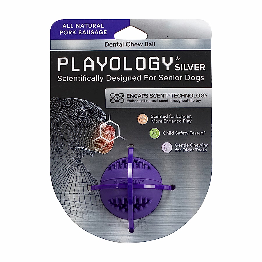 Playology Dental Chew Ball Senior Dog Toy Pork Sausage Flavour